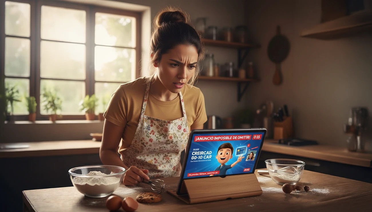 Mujer en la cocina frustrada por anuncios en su tablet